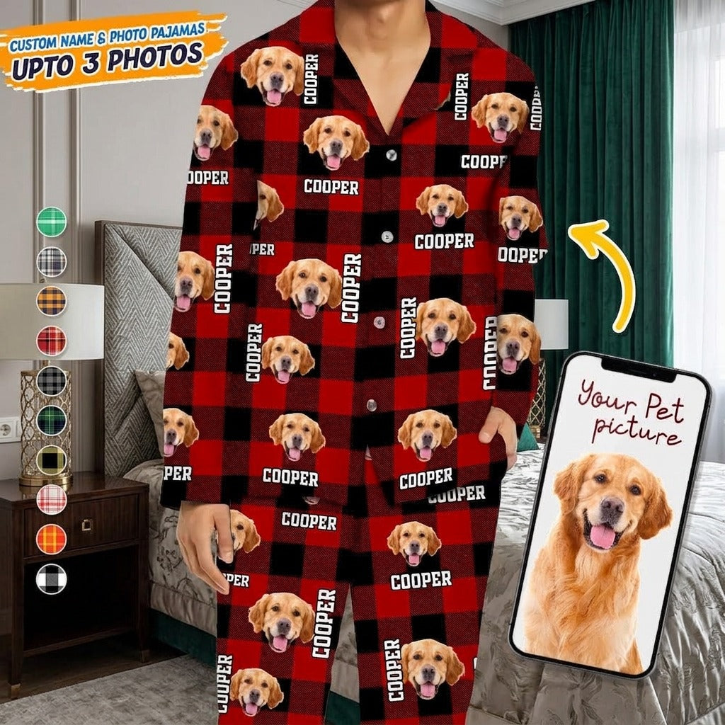 Custom Photo Name Dog Cat Flannel Pajamas
