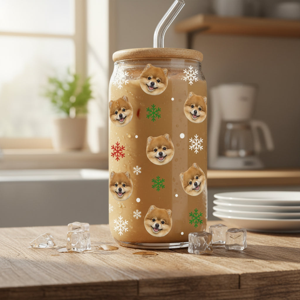 Custom Pet Photo Glass Can With Lid Christmas Gift for Pet Lovers