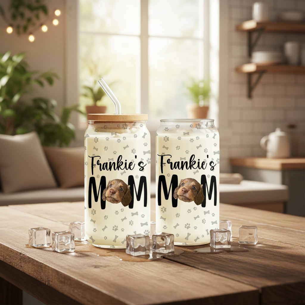 Custom Photo Dog Mom Personalized Glass Can With Lid Gift For Dog Lovers