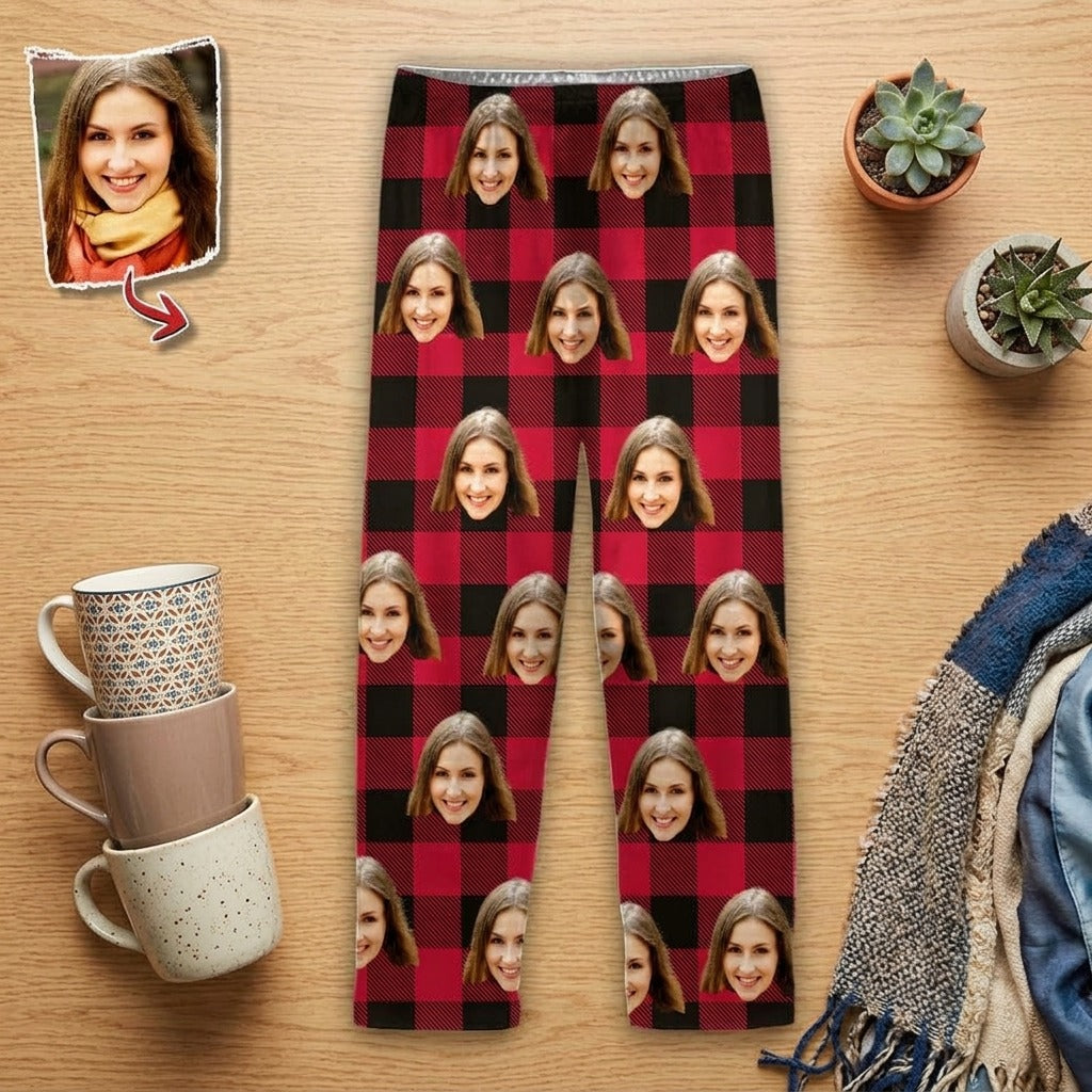 Custom Photo Portrait Face With Christmas Accessories Flannel Pajamas