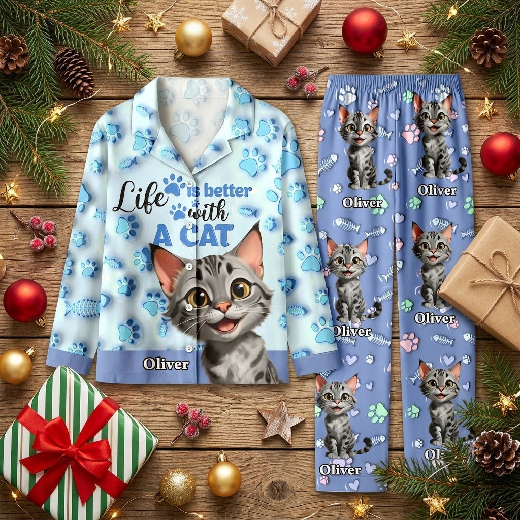 Custom Cat Name Life Is Better With Cats 3D Effect Pajamas