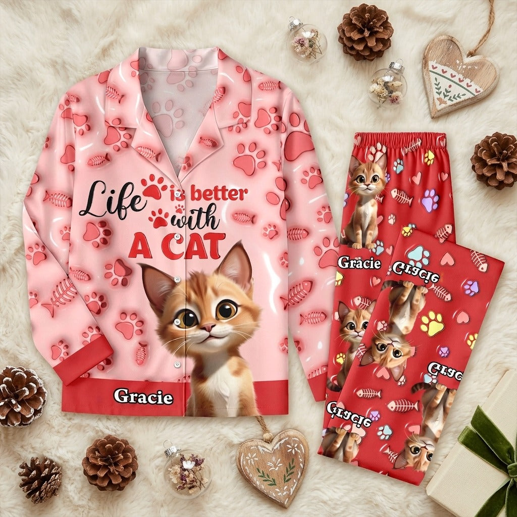 Custom Cat Name Life Is Better With Cats 3D Effect Pajamas