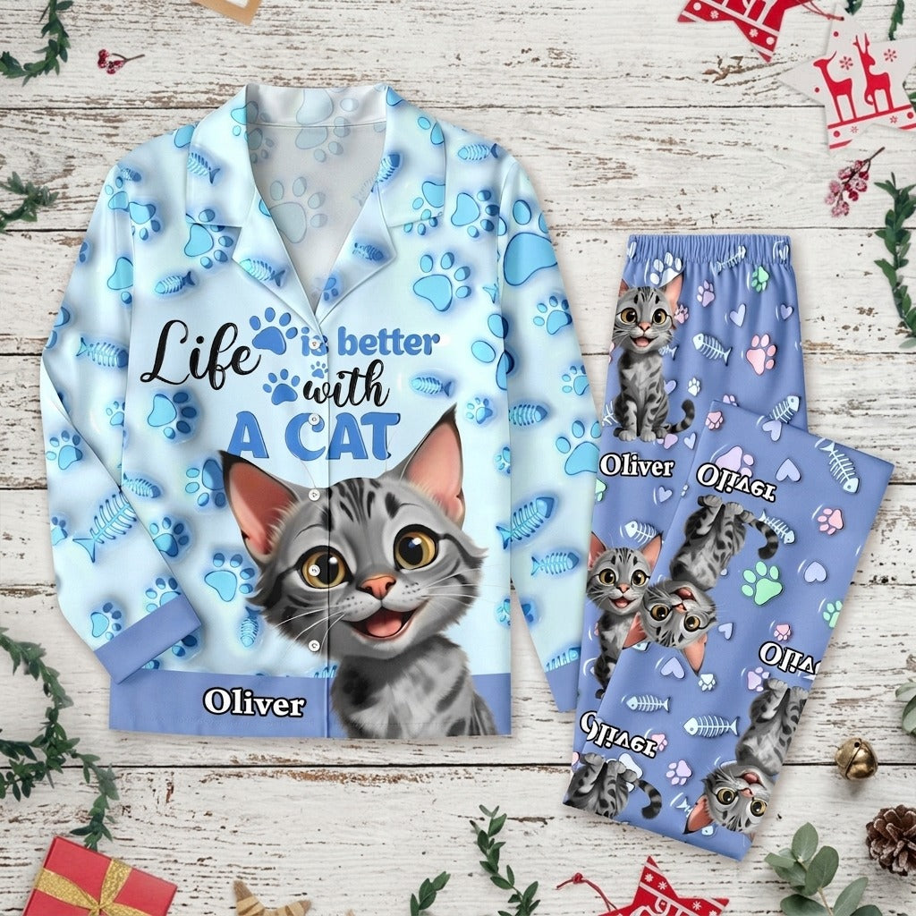Custom Cat Name Life Is Better With Cats 3D Effect Pajamas
