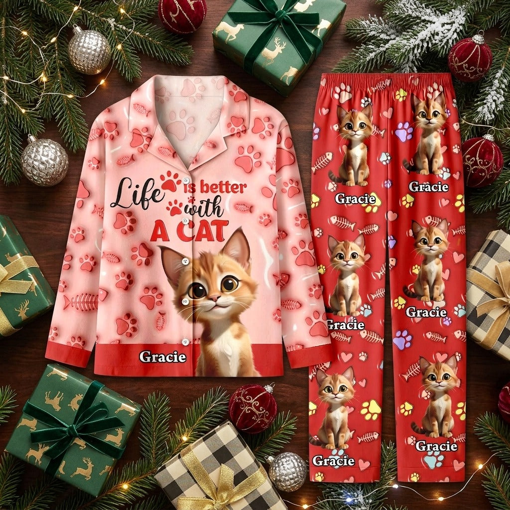 Custom Cat Name Life Is Better With Cats 3D Effect Pajamas