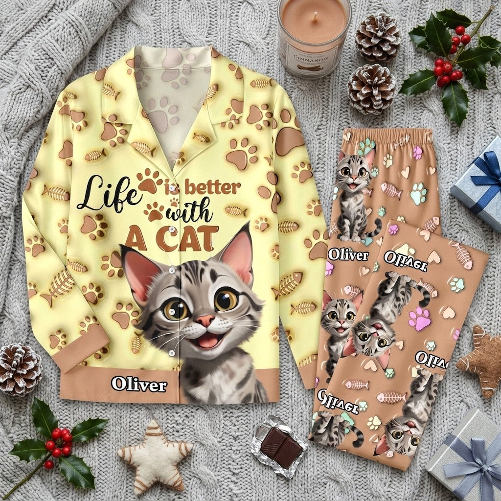 Custom Cat Name Life Is Better With Cats 3D Effect Pajamas