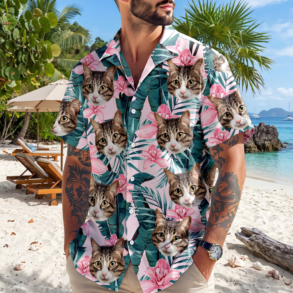 Custom Photo Funny Face Cat Family Vacation Tropical Pattern Hawaiian Shirt