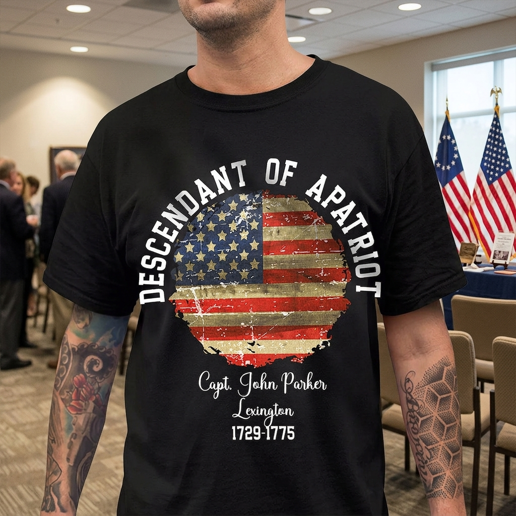Custom Personalized Name Descendant Patriot T-Shirt — Patriotic Gift PA8YW