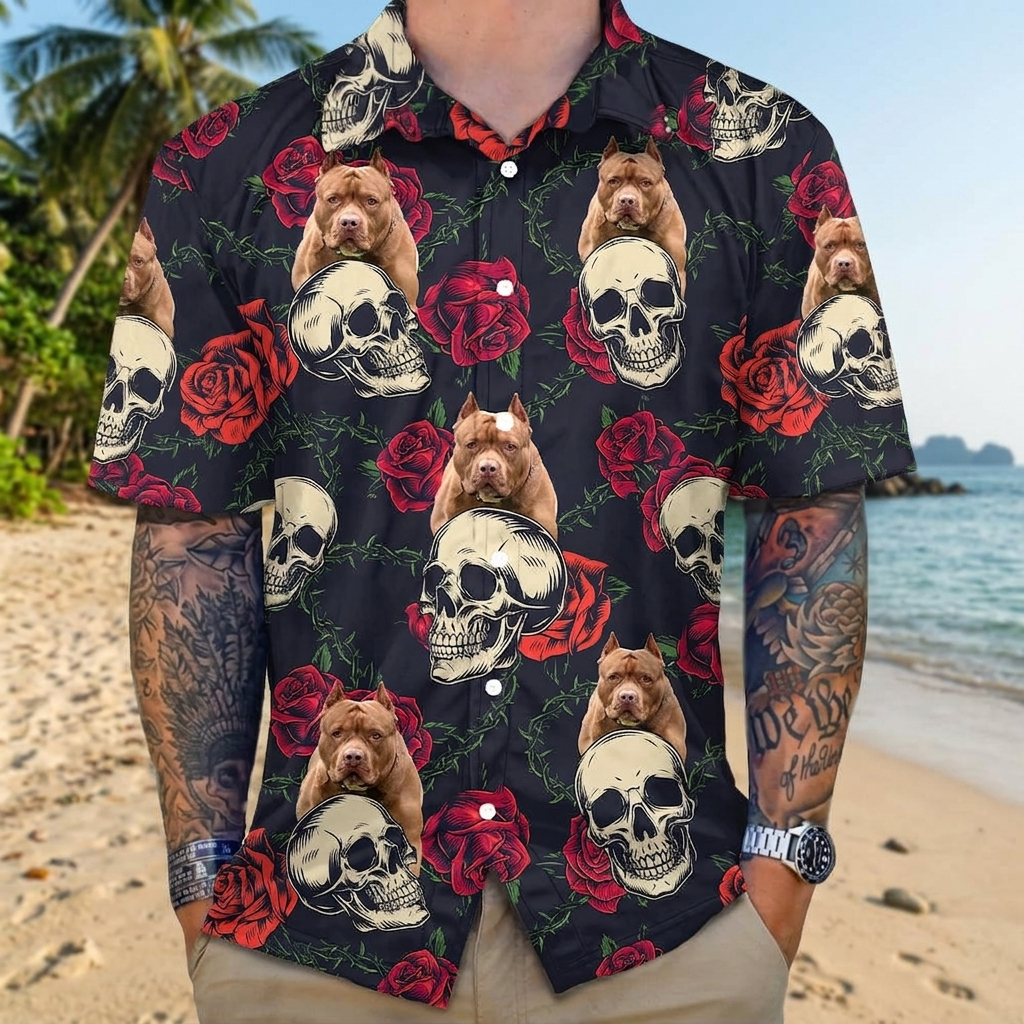 Custom Dog Photo Skull Face Tropical Leaf Hawaiian Shirt