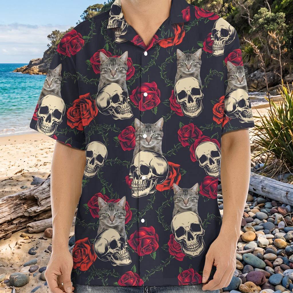 Custom Cat Photo Skull Face Tropical Leaf Hawaiian Shirt