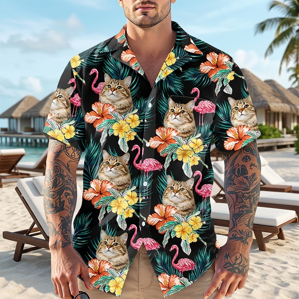 Custom Funny Photo Cat Flamingo Hawaiian Shirt Summer Gift