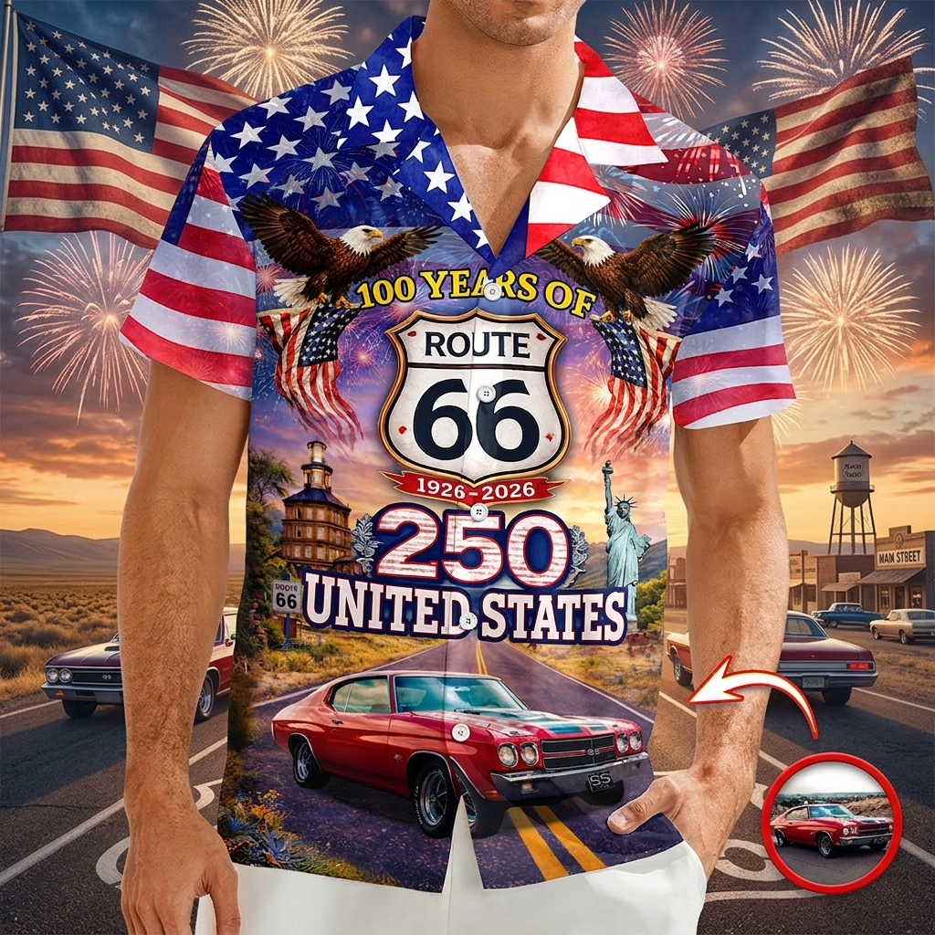 Celebrate 100 Years of Road Route 66 and America 250th Anniversary Custom Car Photo Hawaiian Shirt