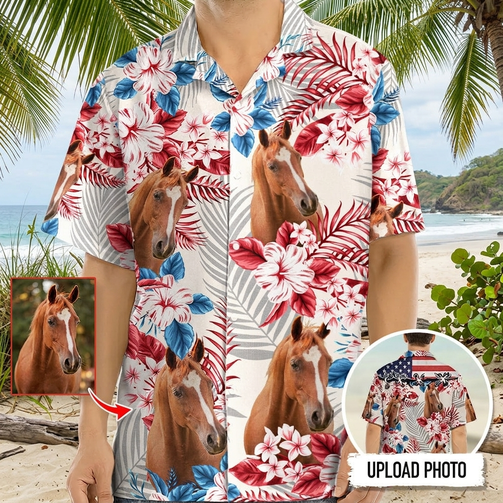 Horse American Flag Hawaiian Shirt, Upload Photo