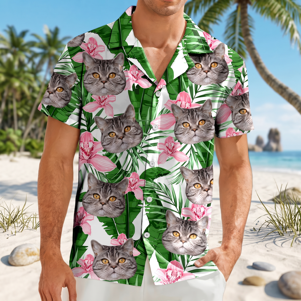 Custom Photo Funny Face Cat Family Vacation Tropical Pattern Hawaiian Shirt