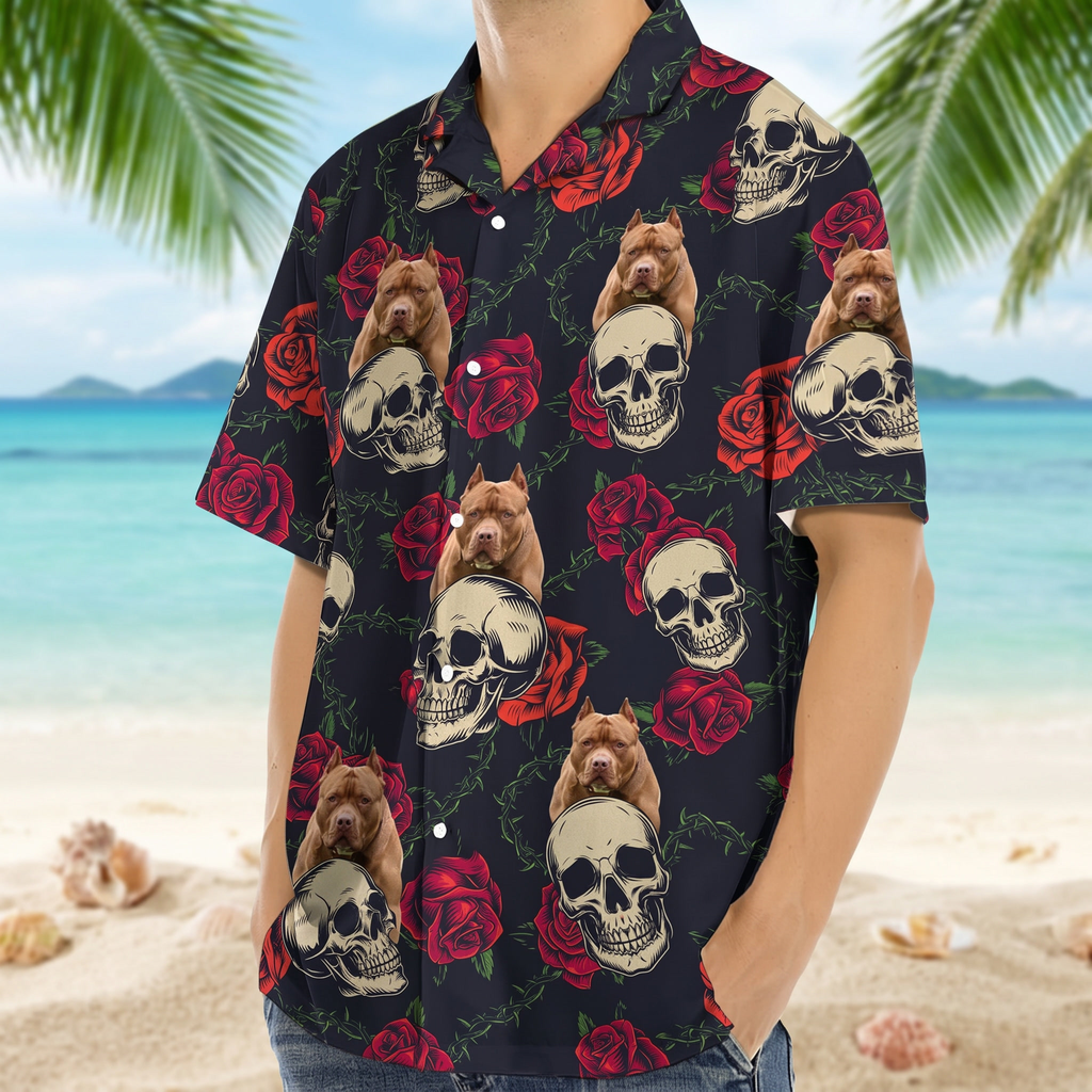 Custom Dog Photo Skull Face Tropical Leaf Hawaiian Shirt