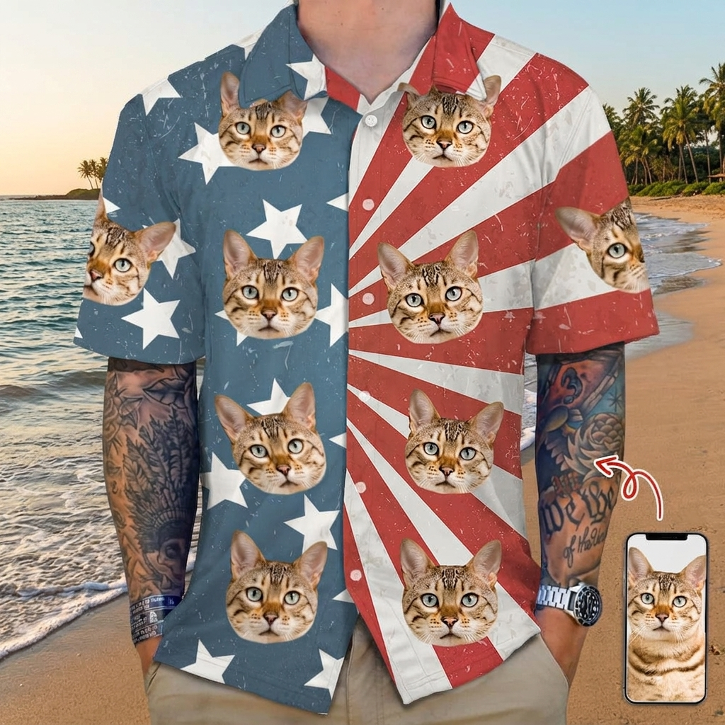 Custom Cat Photo With Us Flag Hawaiian Shirt