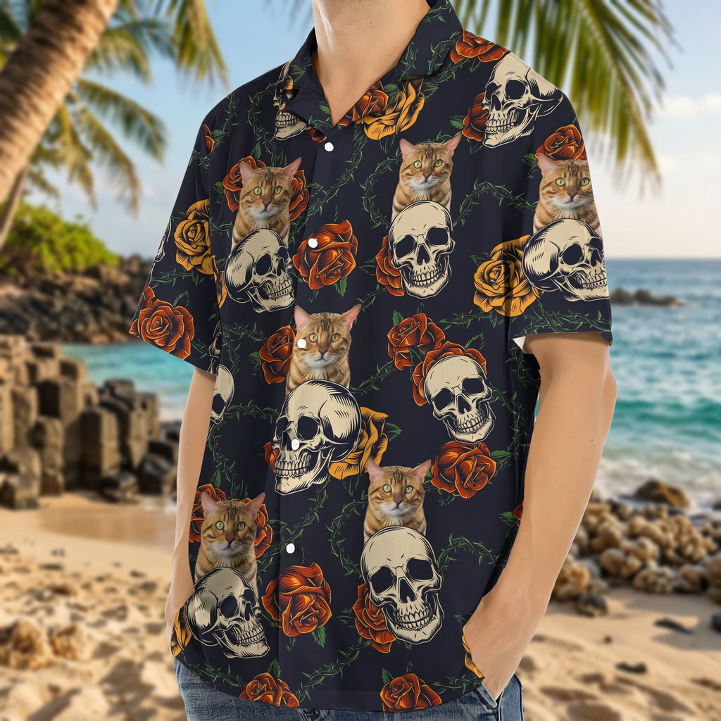 Custom Cat Photo Skull Face Tropical Leaf Hawaiian Shirt