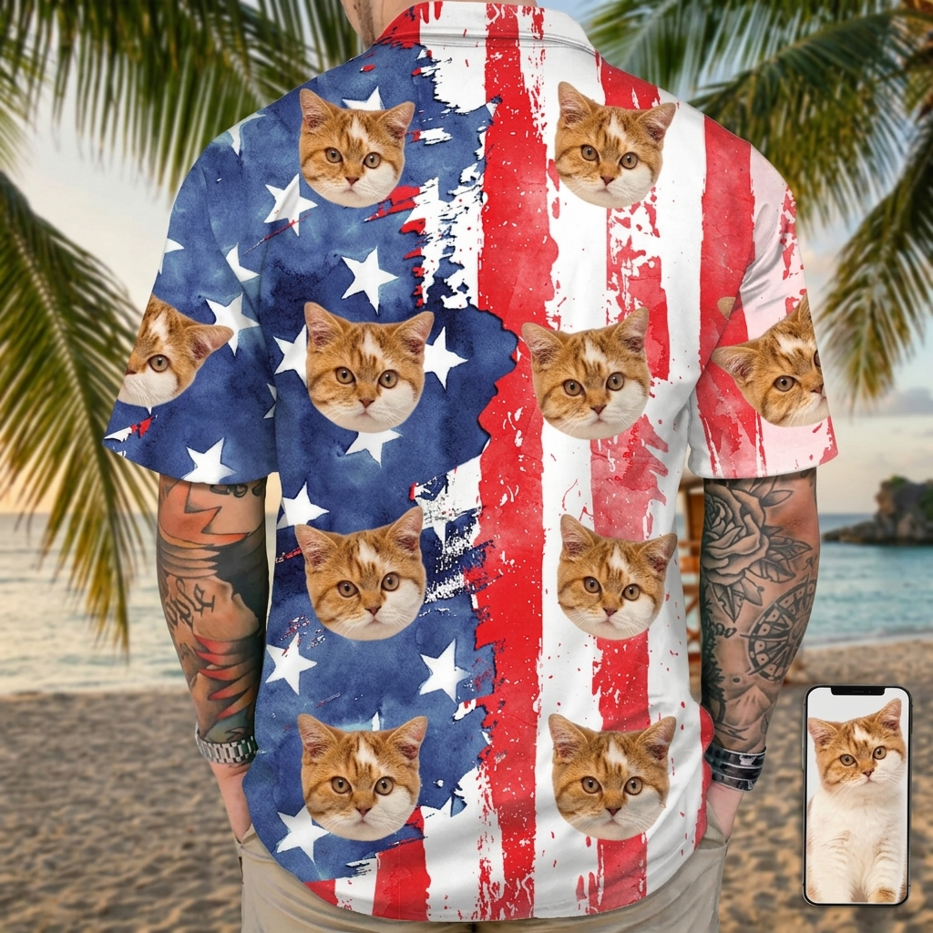 Custom Cat Photo With Us Flag Hawaiian Shirt
