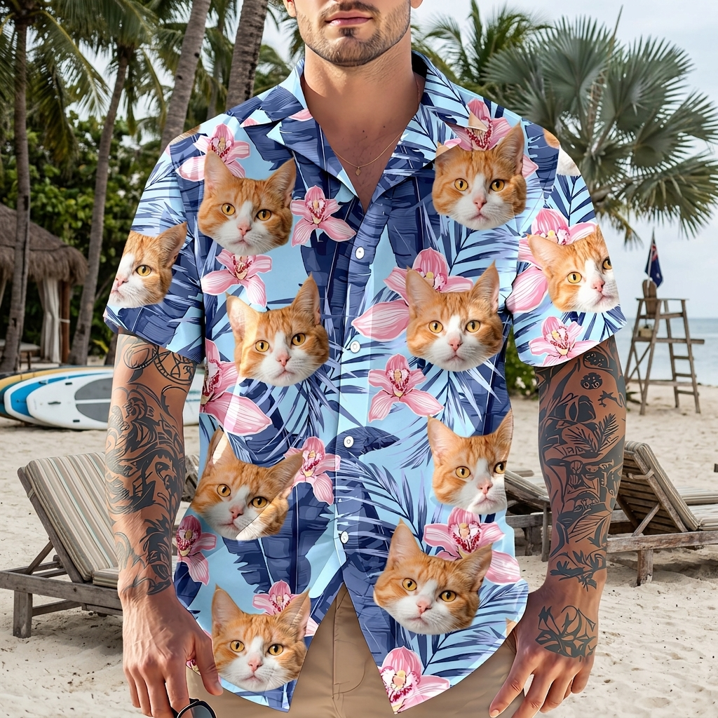 Custom Photo Funny Face Cat Family Vacation Tropical Pattern Hawaiian Shirt