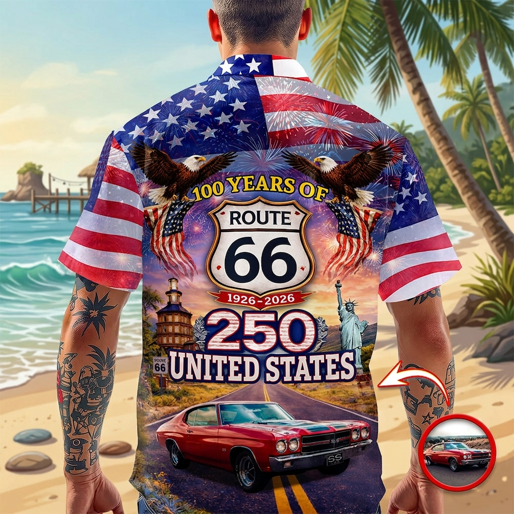 Celebrate 100 Years of Road Route 66 and America 250th Anniversary Custom Car Photo Hawaiian Shirt