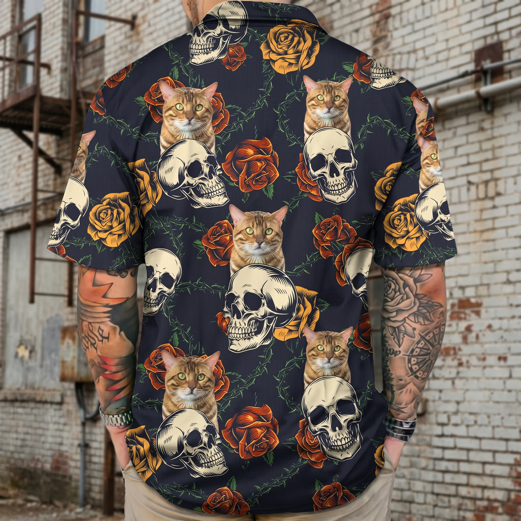 Custom Cat Photo Skull Face Tropical Leaf Hawaiian Shirt