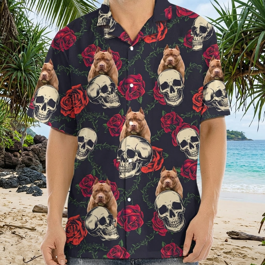 Custom Dog Photo Skull Face Tropical Leaf Hawaiian Shirt