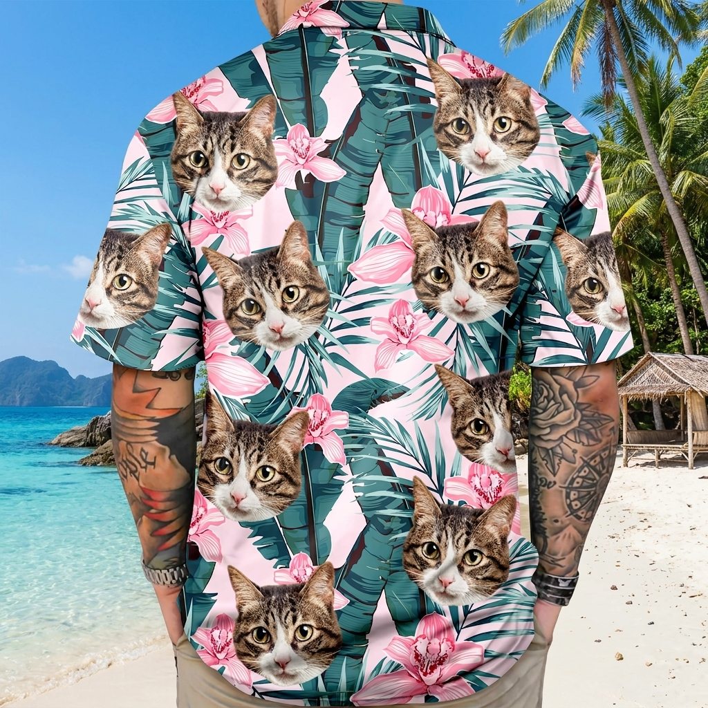 Custom Photo Funny Face Cat Family Vacation Tropical Pattern Hawaiian Shirt