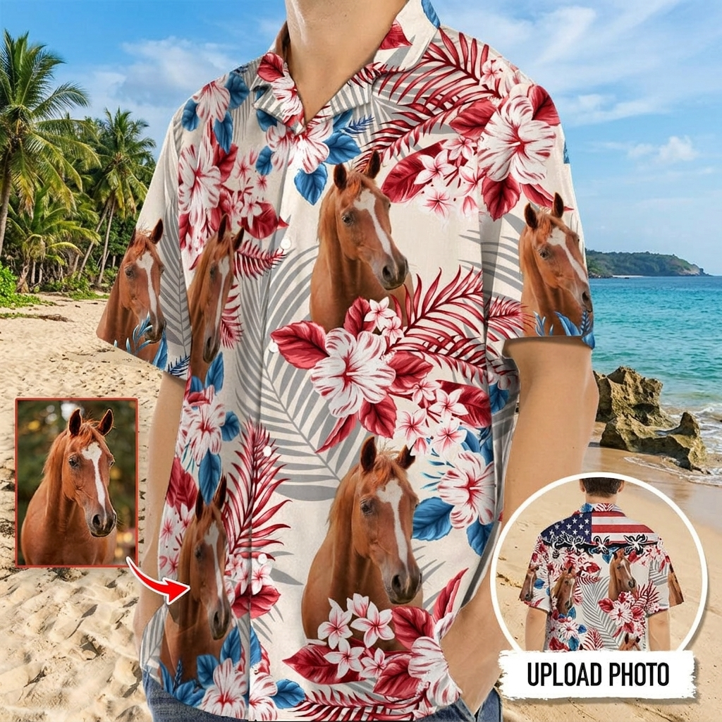 Horse American Flag Hawaiian Shirt, Upload Photo