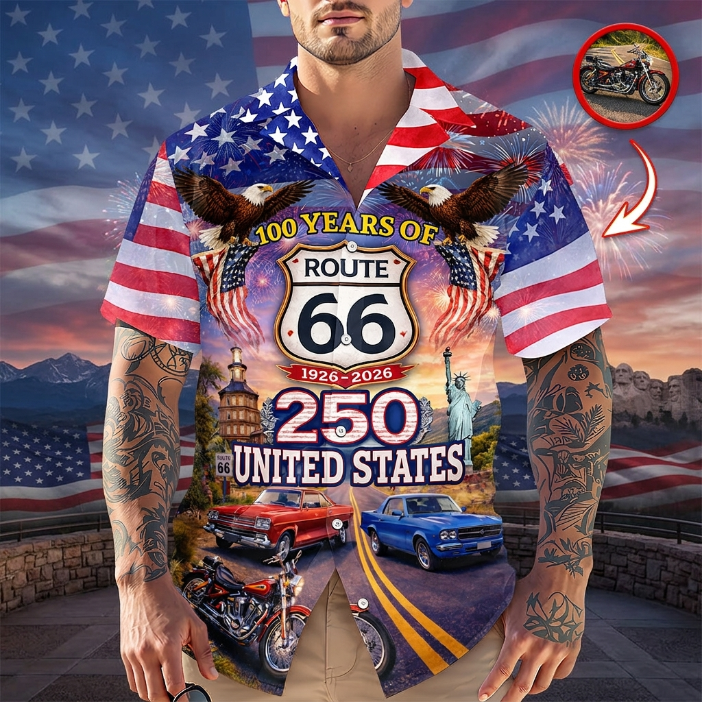 Celebrate 100 Years of Road Route 66 and America 250th Anniversary Custom Car Photo Hawaiian Shirt
