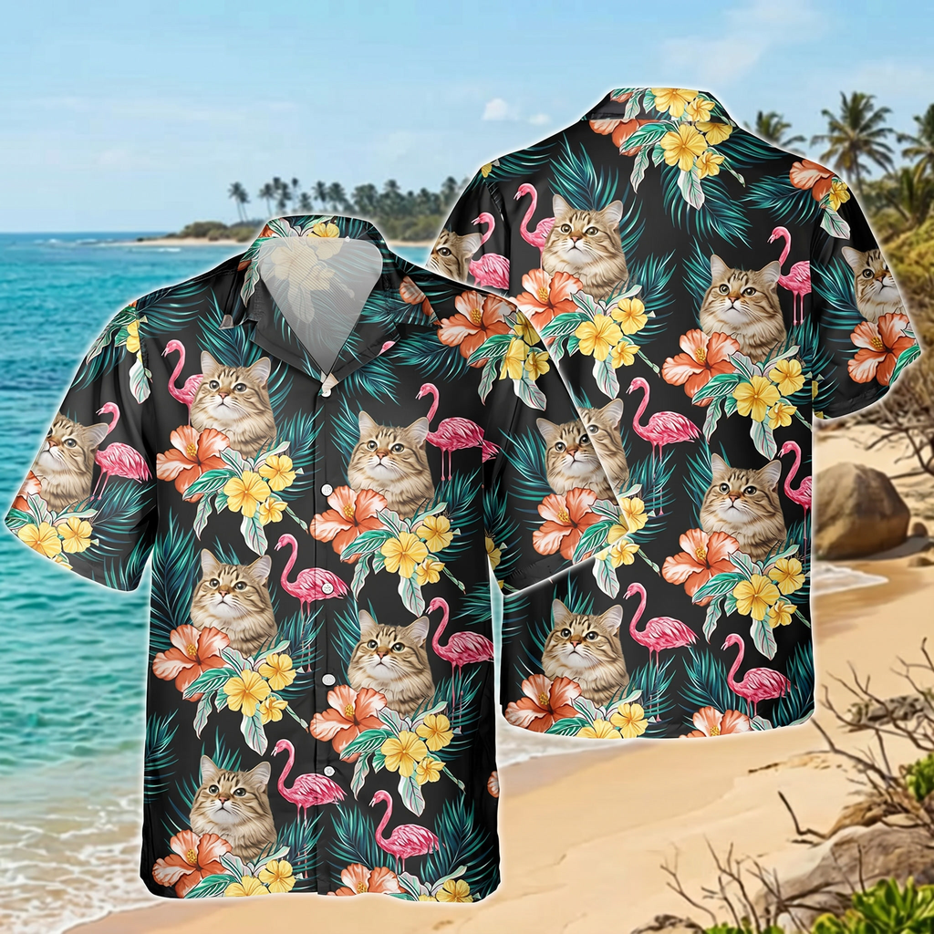 Custom Funny Photo Cat Flamingo Hawaiian Shirt Summer Gift