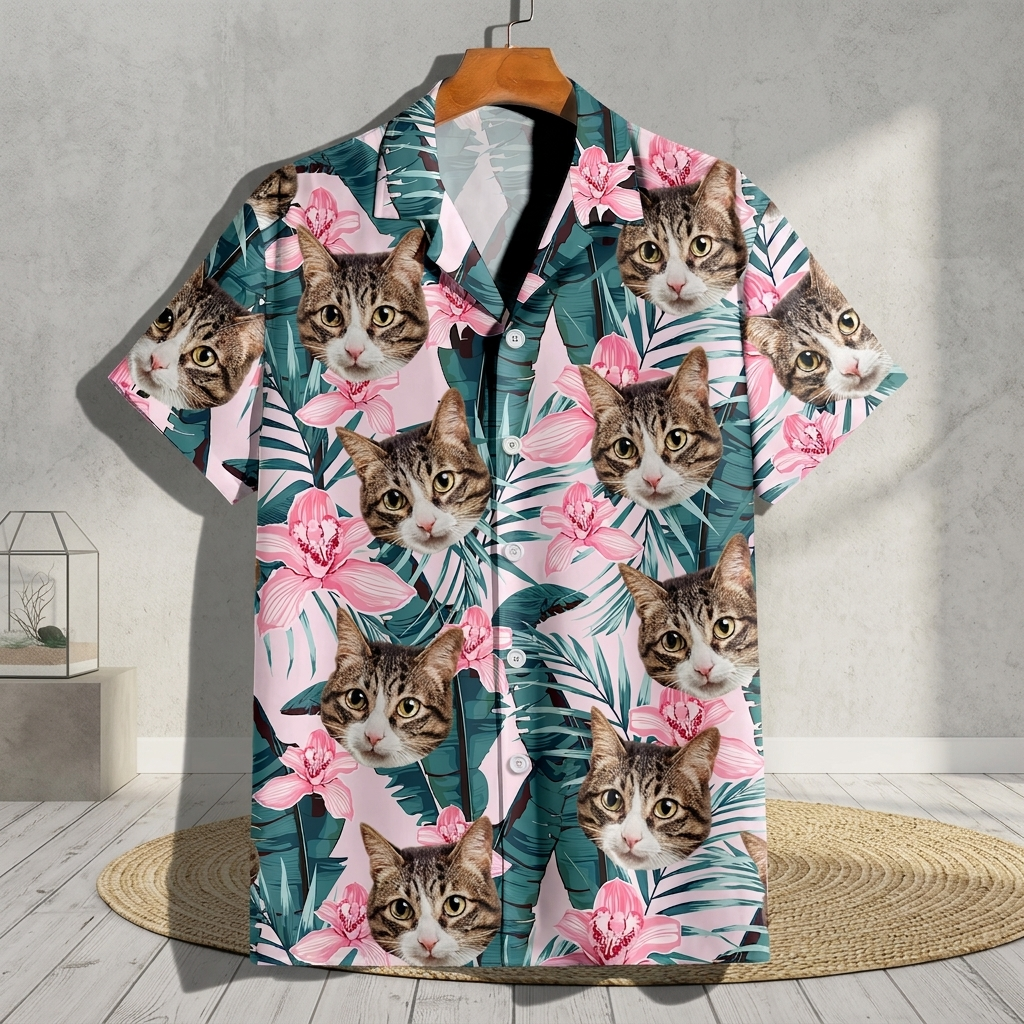 Custom Photo Funny Face Cat Family Vacation Tropical Pattern Hawaiian Shirt