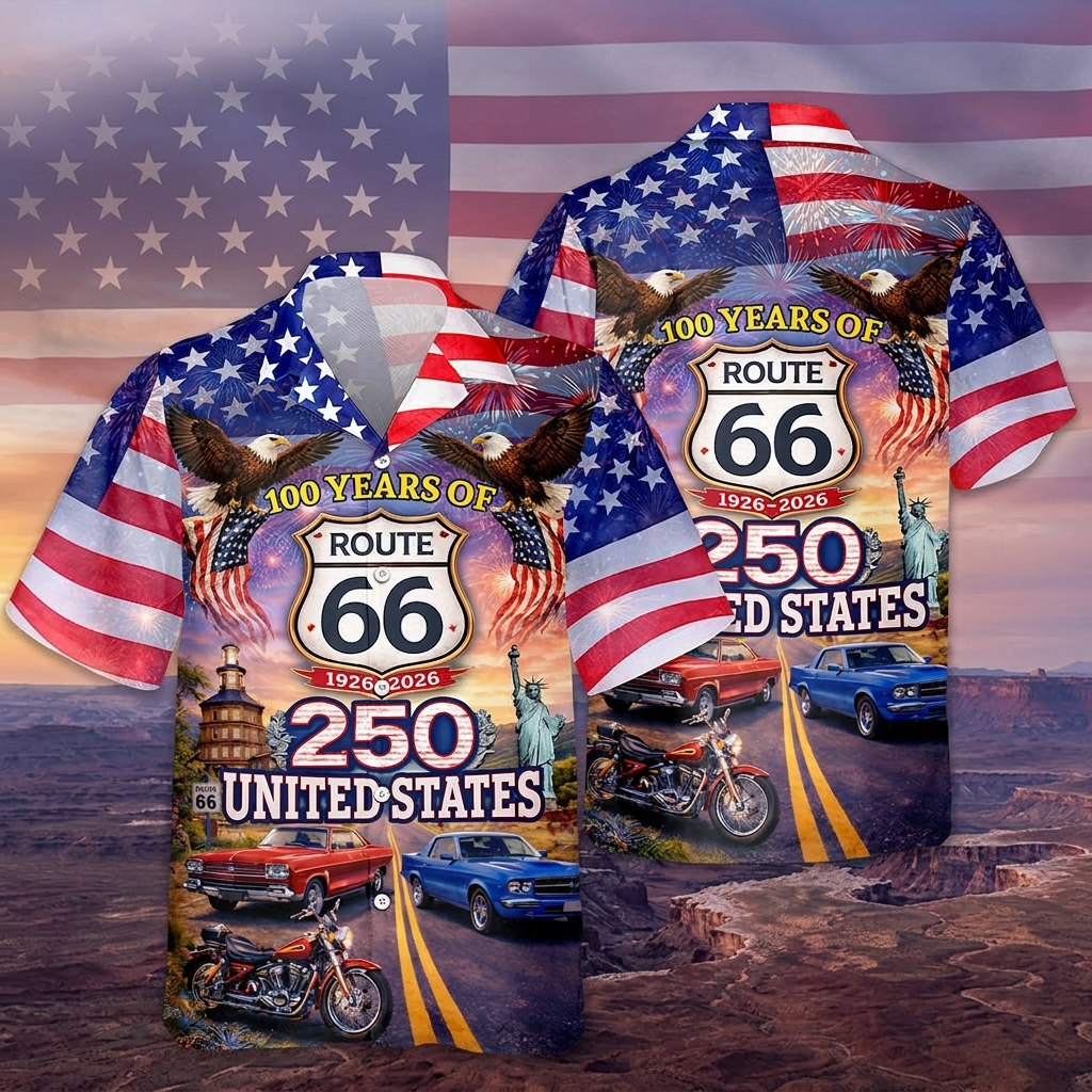 Celebrate 100 Years of Road Route 66 and America 250th Anniversary Custom Car Photo Hawaiian Shirt