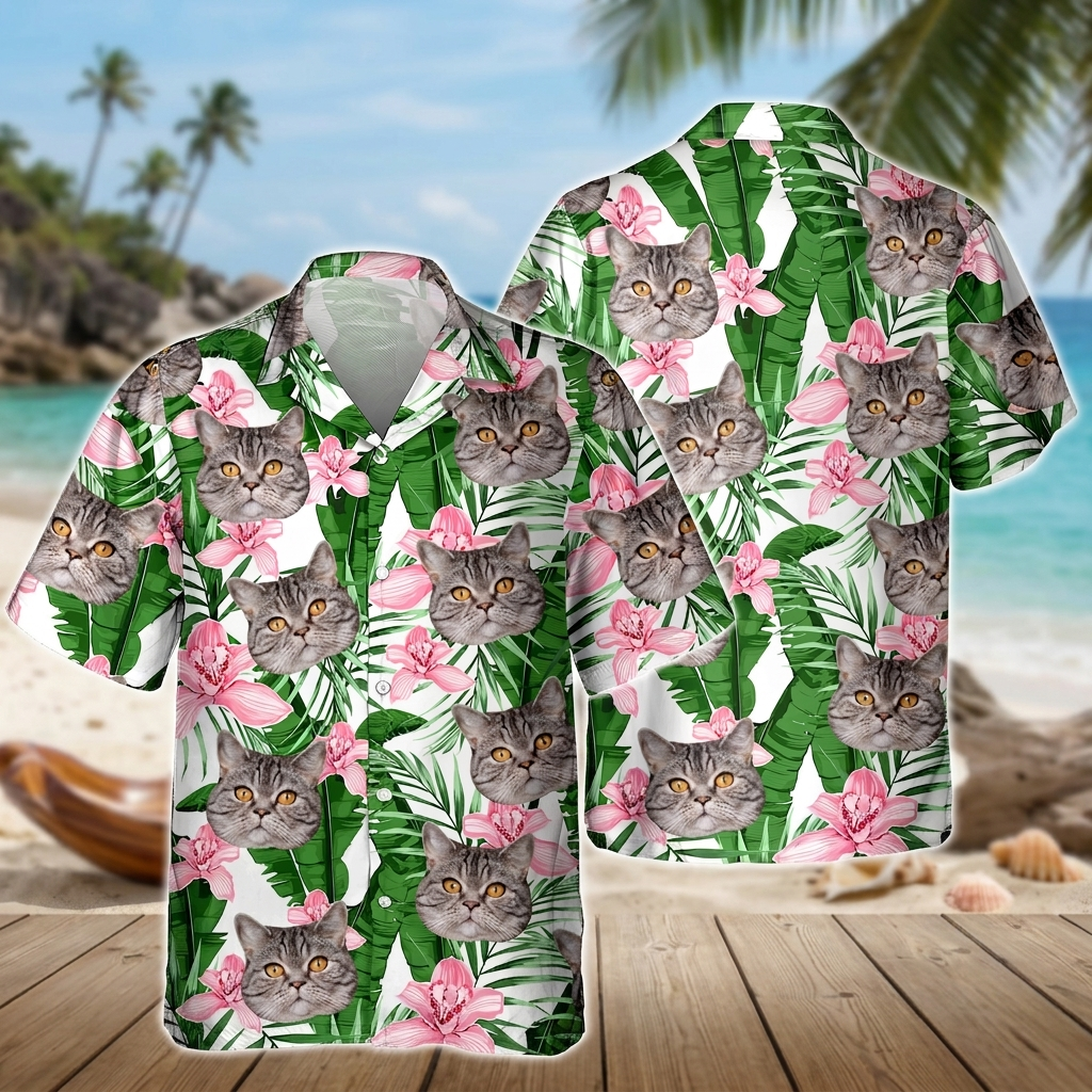 Custom Photo Funny Face Cat Family Vacation Tropical Pattern Hawaiian Shirt