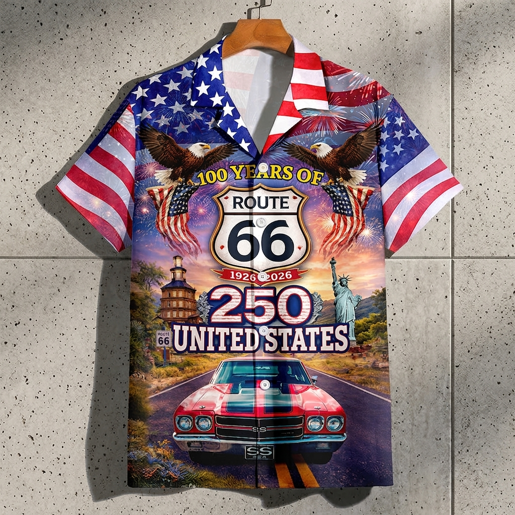Celebrate 100 Years of Road Route 66 and America 250th Anniversary Custom Car Photo Hawaiian Shirt