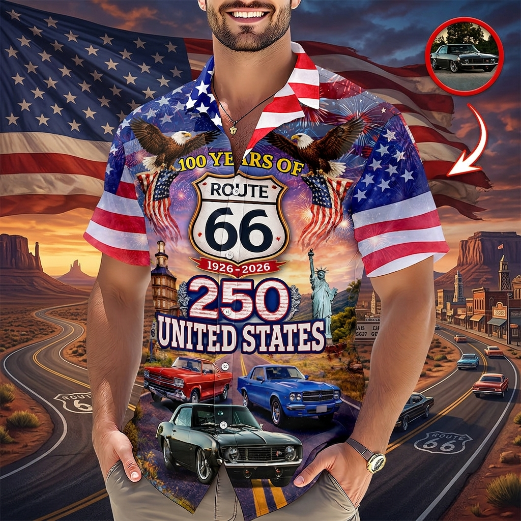 Celebrate 100 Years of Road Route 66 and America 250th Anniversary Custom Car Photo Hawaiian Shirt
