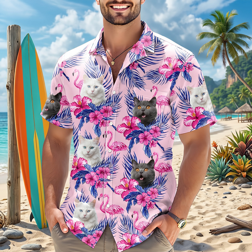Custom Funny Photo Cat Flamingo Hawaiian Shirt Summer Gift