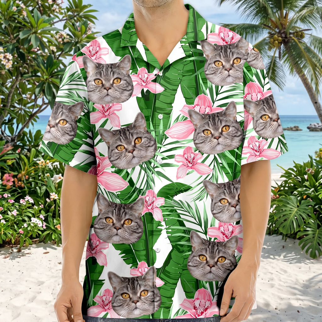 Custom Photo Funny Face Cat Family Vacation Tropical Pattern Hawaiian Shirt