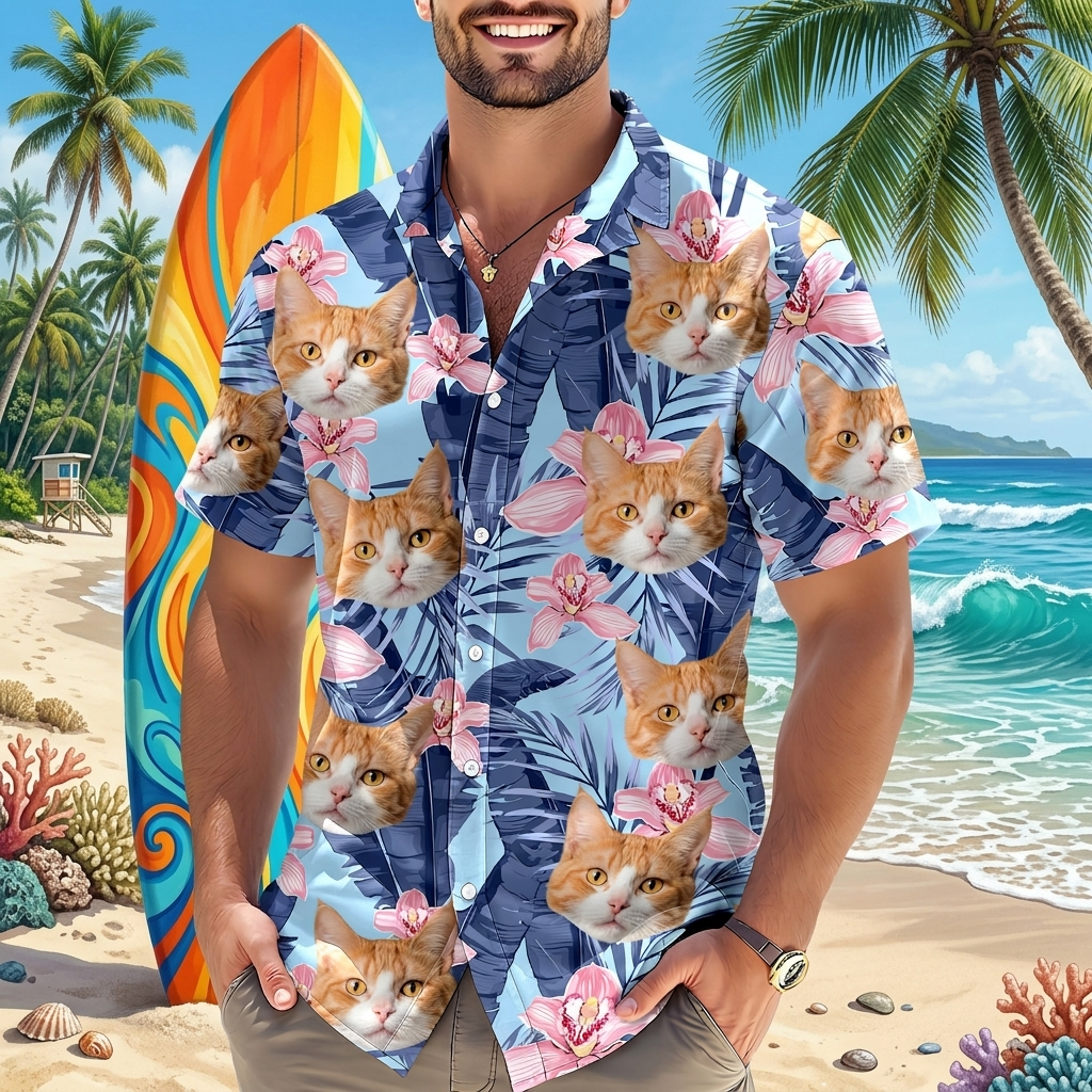 Custom Photo Funny Face Cat Family Vacation Tropical Pattern Hawaiian Shirt