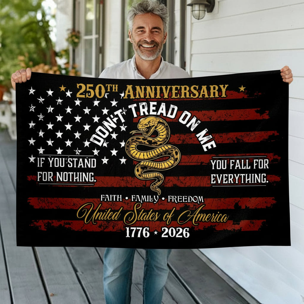 USA 250th Anniversary House Flag – Don't Tread On Me Patriotic Design
