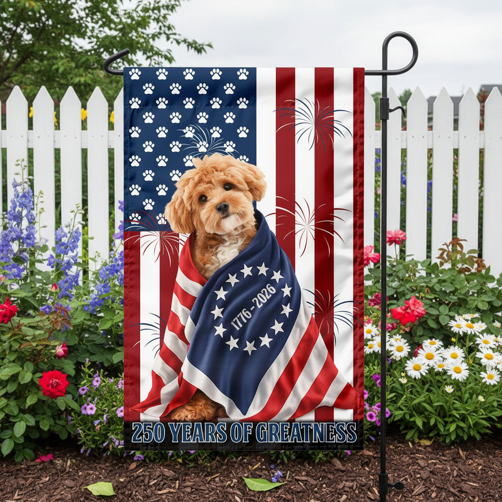 Custom Photo My Dog, Cat Loves America 250 Patriotic Garden Flag
