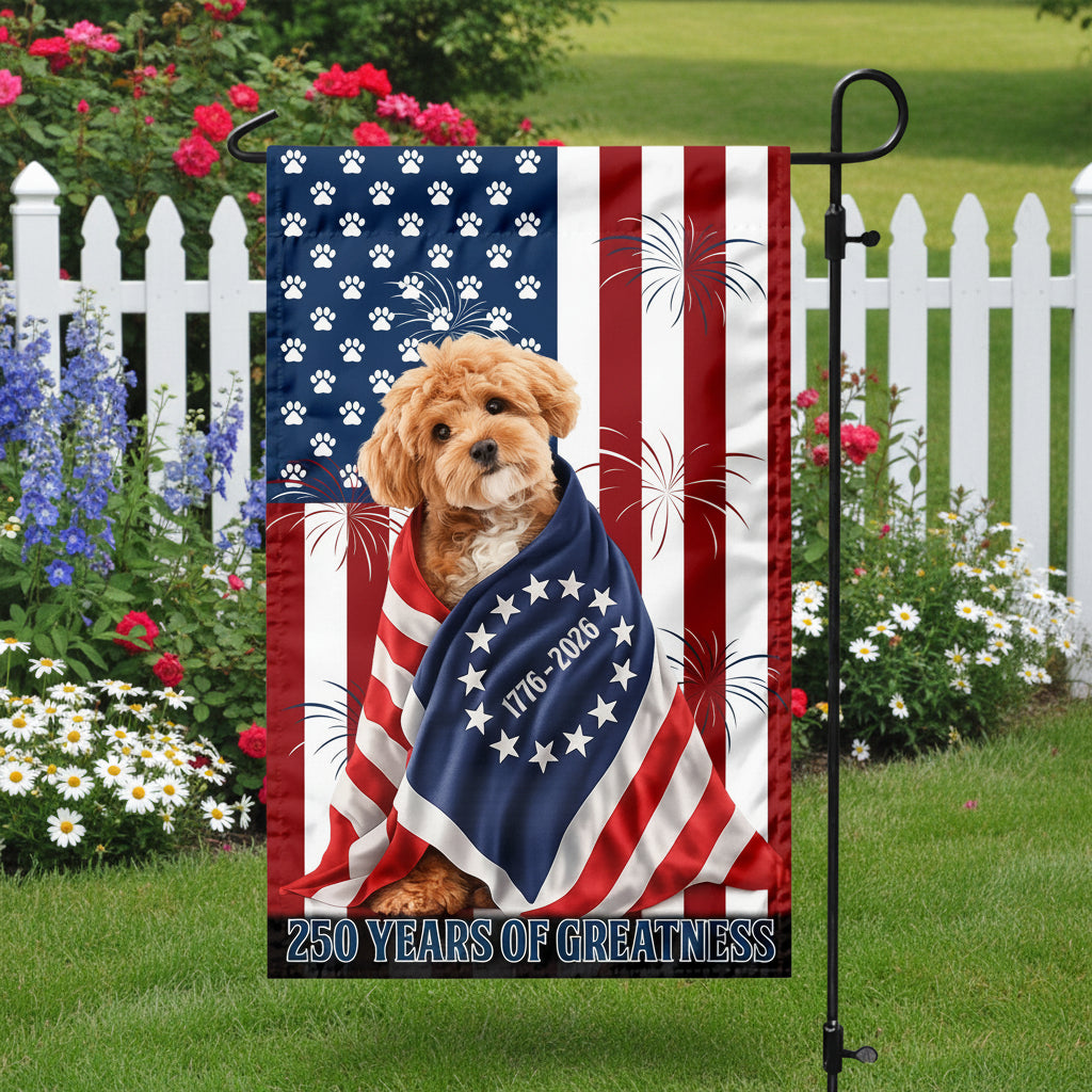 Custom Photo My Dog, Cat Loves America 250 Patriotic Garden Flag
