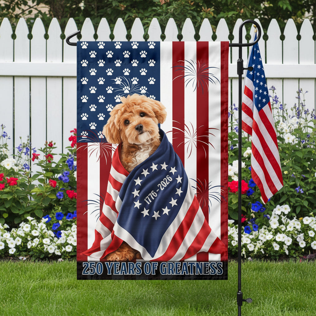 Custom Photo My Dog, Cat Loves America 250 Patriotic Garden Flag