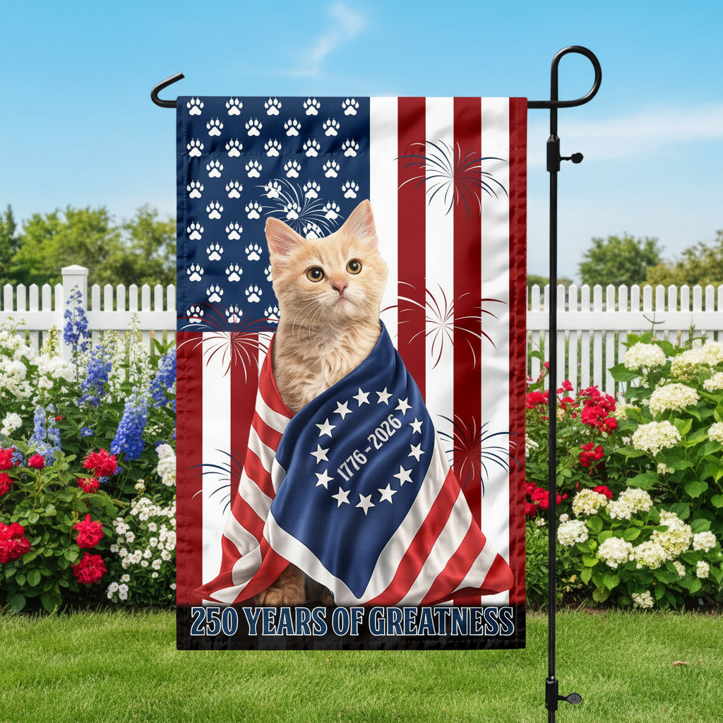 Custom Photo My Dog, Cat Loves America 250 Patriotic Garden Flag