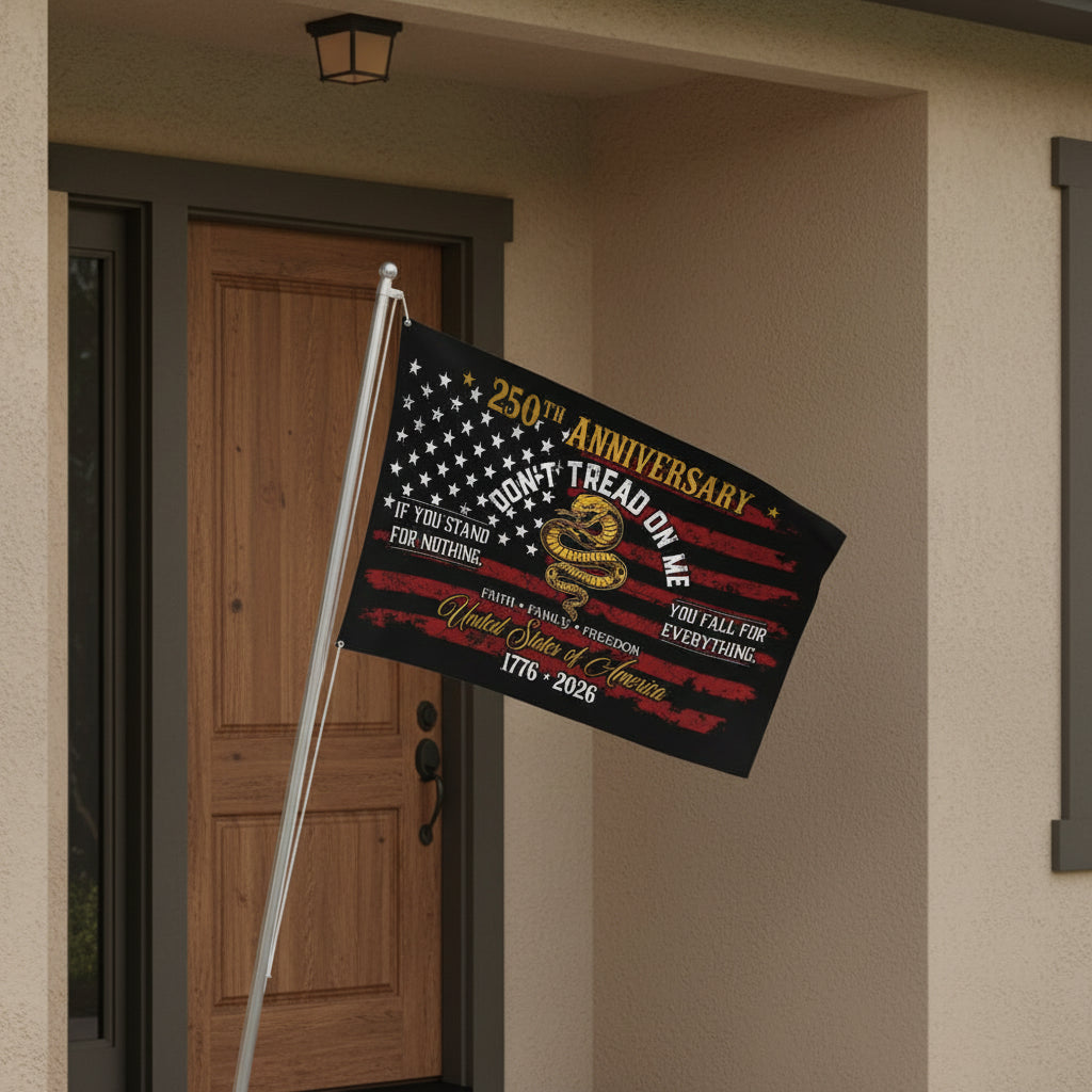 USA 250th Anniversary House Flag – Don't Tread On Me Patriotic Design
