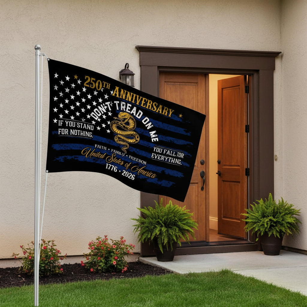 USA 250th Anniversary House Flag – Don't Tread On Me Patriotic Design