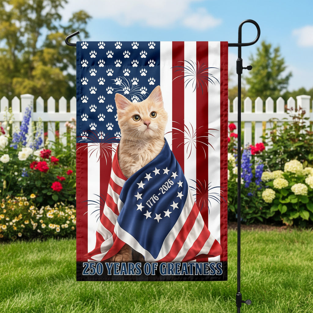 Custom Photo My Dog, Cat Loves America 250 Patriotic Garden Flag