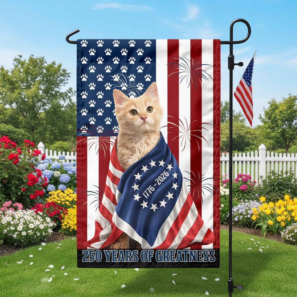 Custom Photo My Dog, Cat Loves America 250 Patriotic Garden Flag