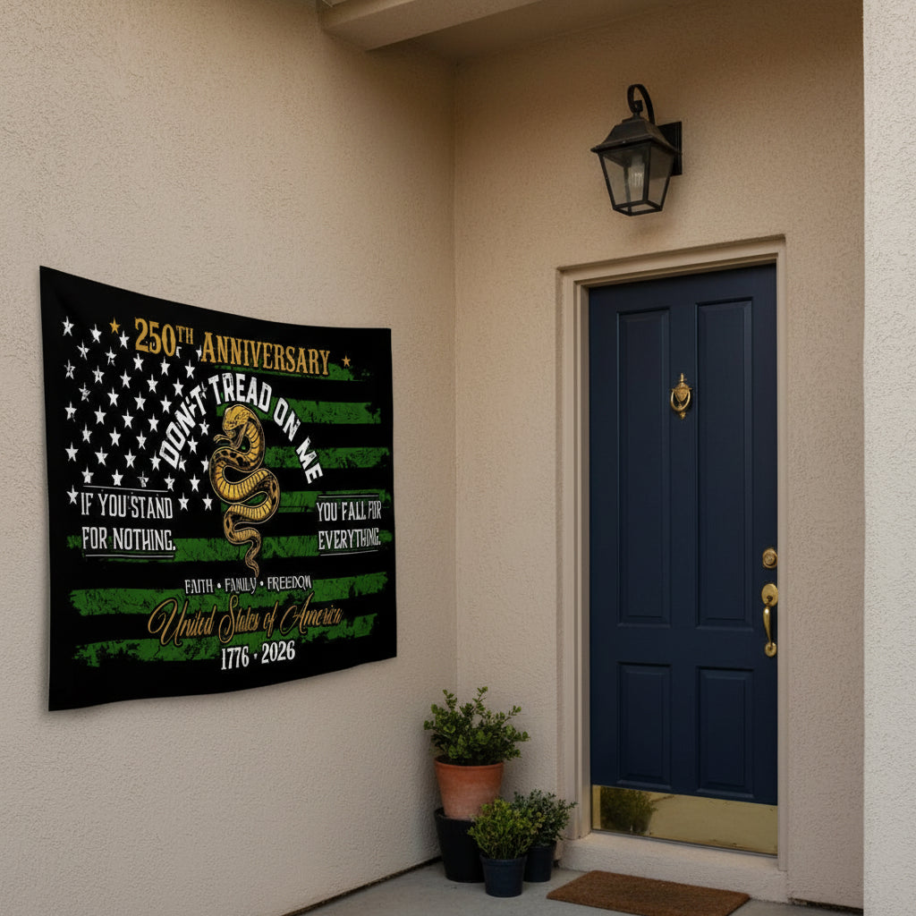 USA 250th Anniversary House Flag – Don't Tread On Me Patriotic Design