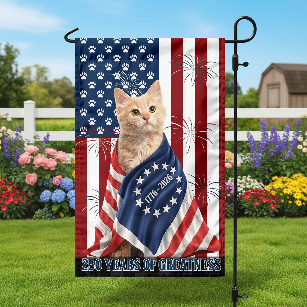 Custom Photo My Dog, Cat Loves America 250 Patriotic Garden Flag