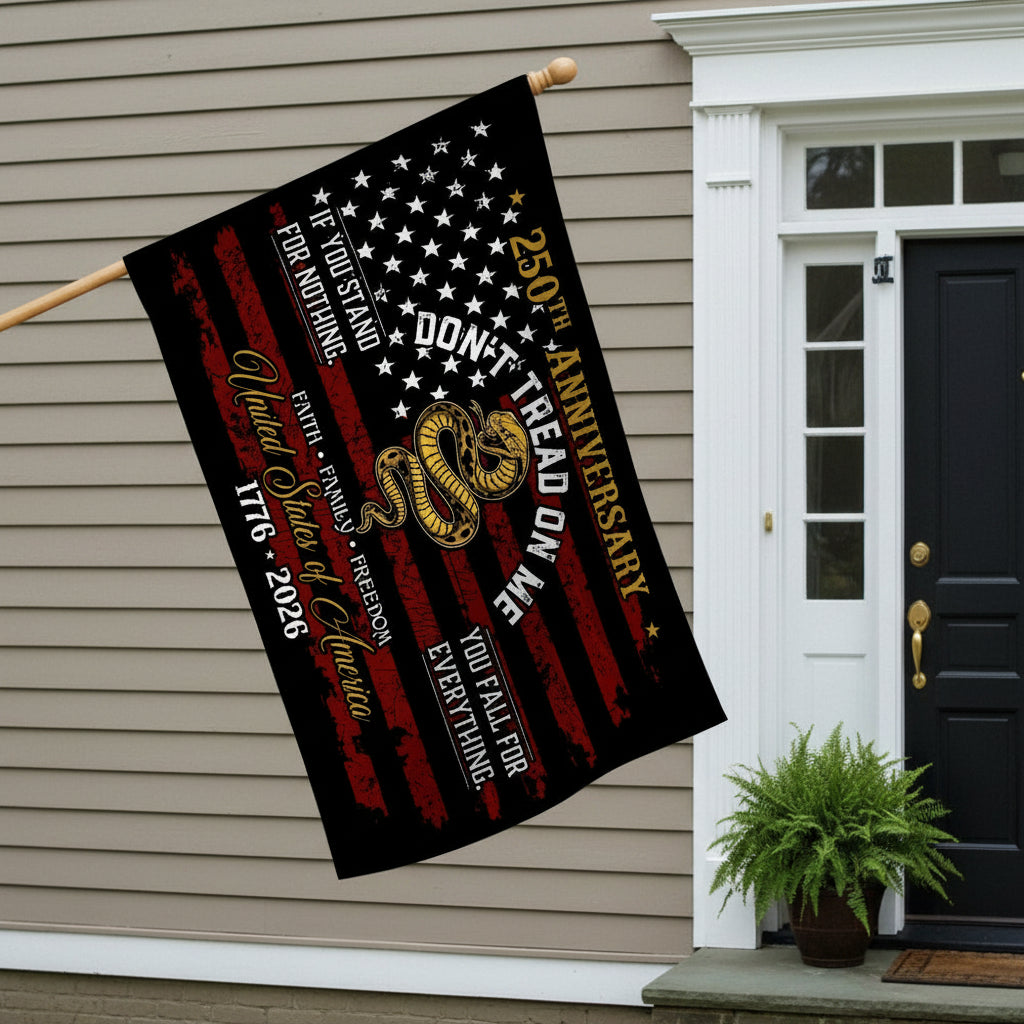 USA 250th Anniversary House Flag – Don't Tread On Me Patriotic Design