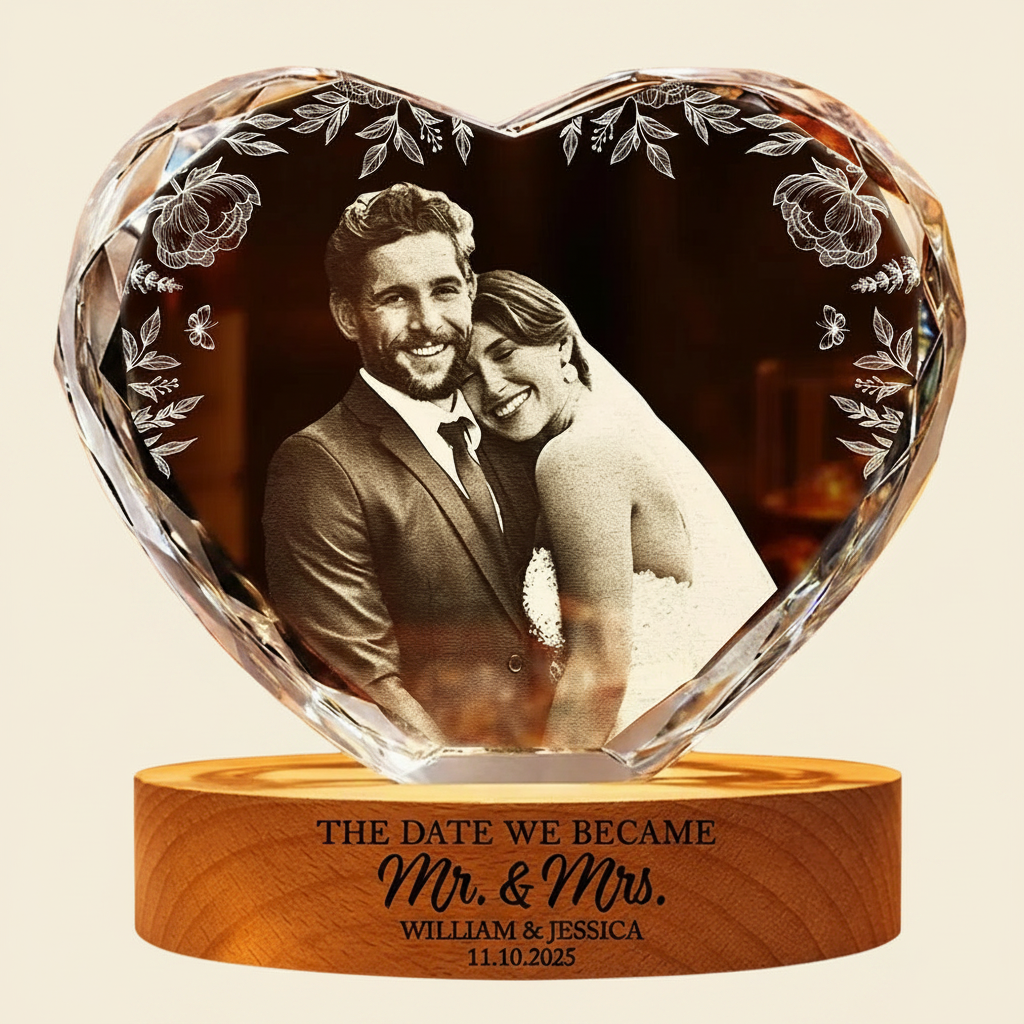 Custom Photo The Date We Became Mr & Mrs Wedding Couple - Personalized Crystal Heart Shaped Lamp WUI7O